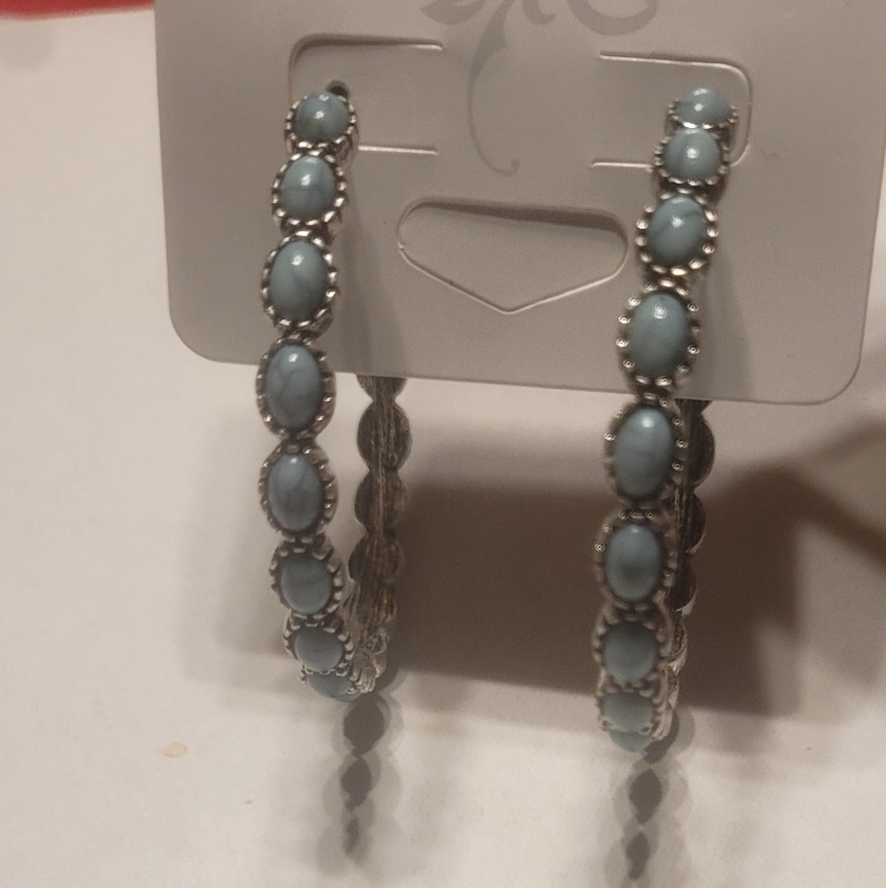 Silver tone and Turquoise 2 in hoop earrings